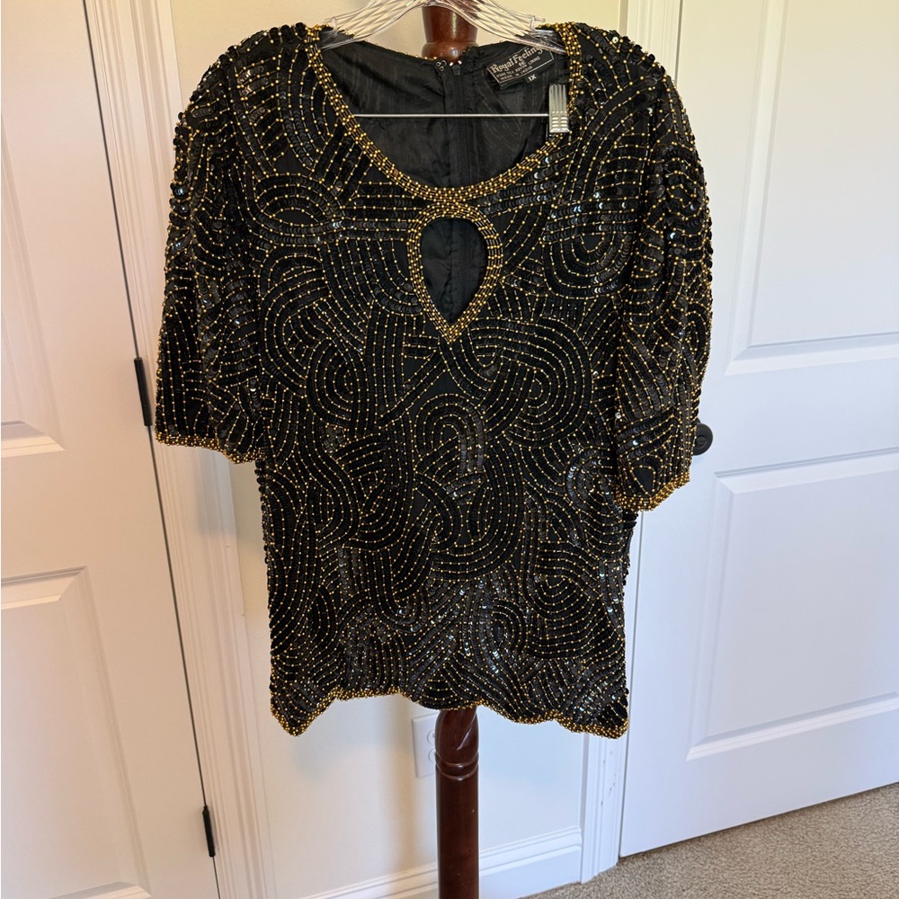 Vintage Beaded Black & Gold Evening Top